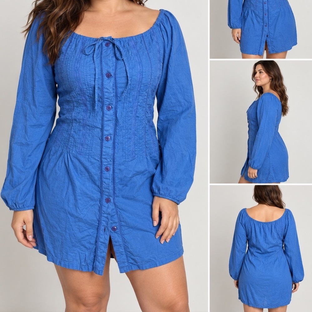 Blue Cotton L Lace Pintuck Button Front Boho Romantic Dress Whimsigoth Eclectic